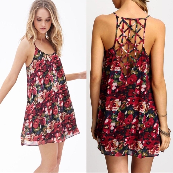 Forever21 openback lattice strappy back camisole floral roses chiffon dress Sz M - Picture 1 of 12